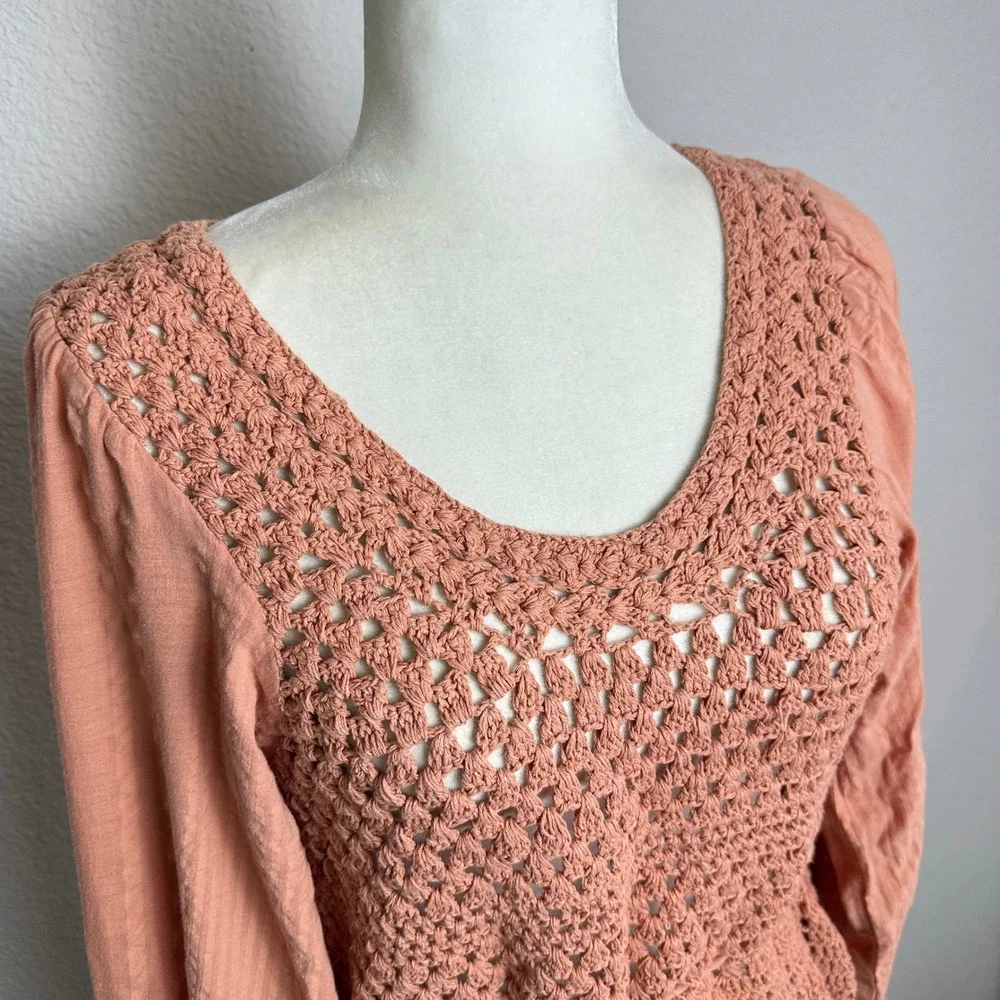 Free People Crochet Open Back Peplum Blouse Terracotta Peach Long Sleeve Top